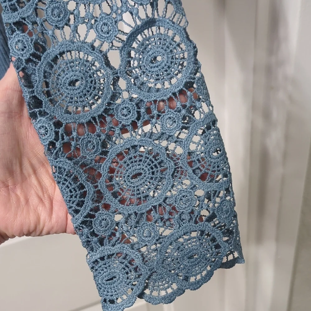 Cottagecore Long Sleeve Blue Henley Top with Lace Detail - Picture 2 of 6